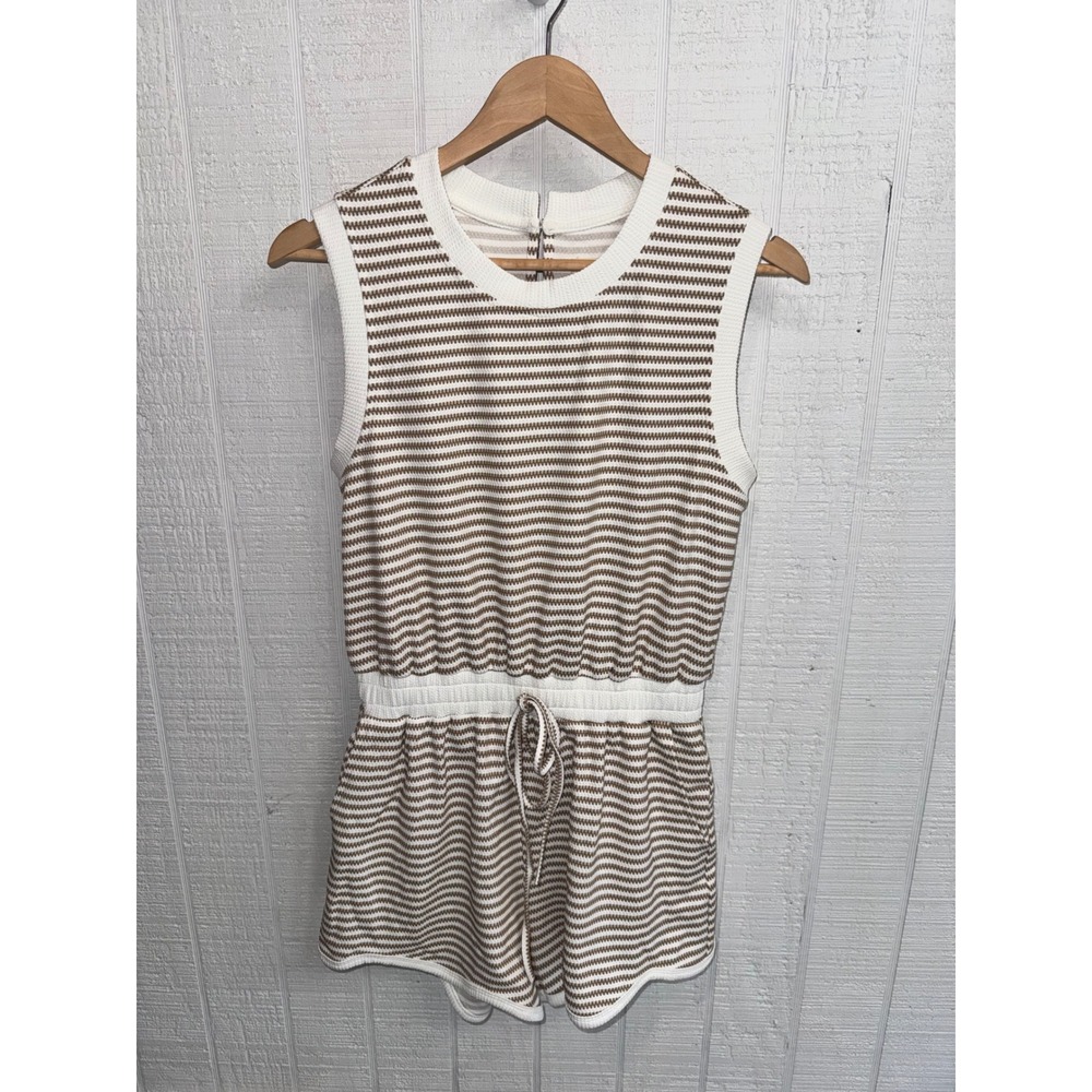 Umgee Striped Knit Romper Womens Latte White Sleeveless Keyhole Back Small
